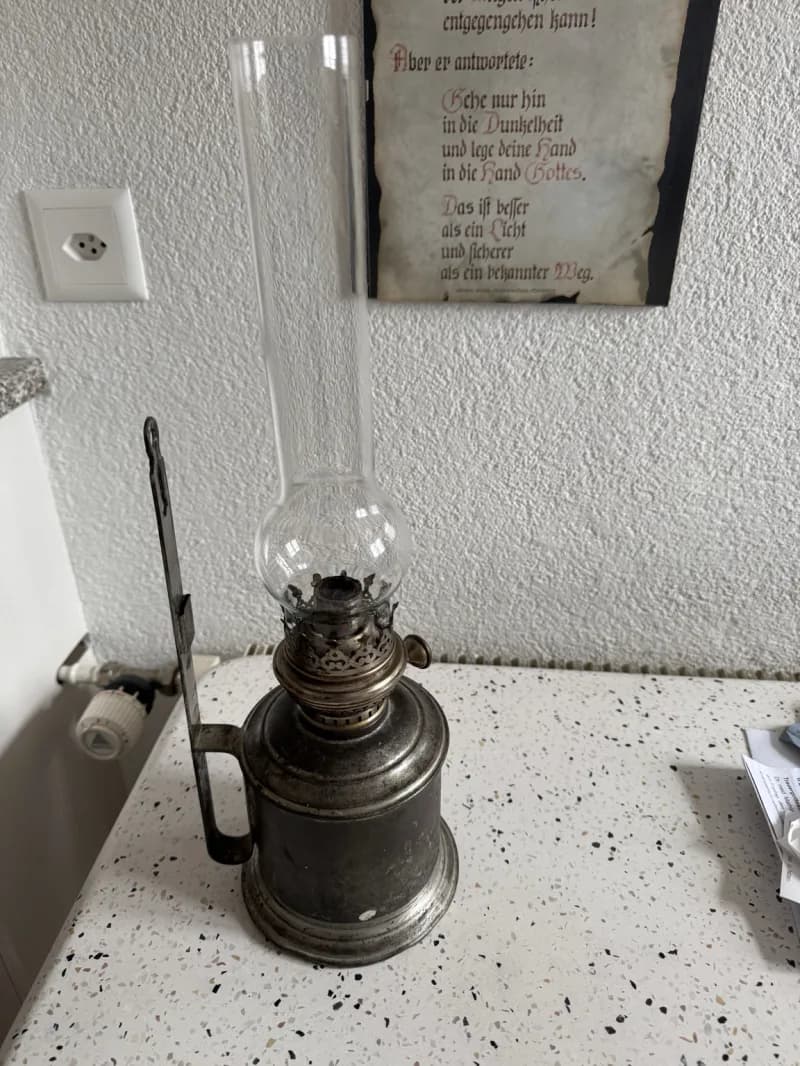 Antique petroleum wall lamp with glass cylinder (approx. 1900-1930)